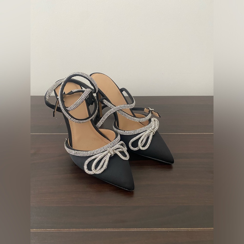 Express Elegant Black Satin Heels with Rhinestone Accents in Women’s Size 8